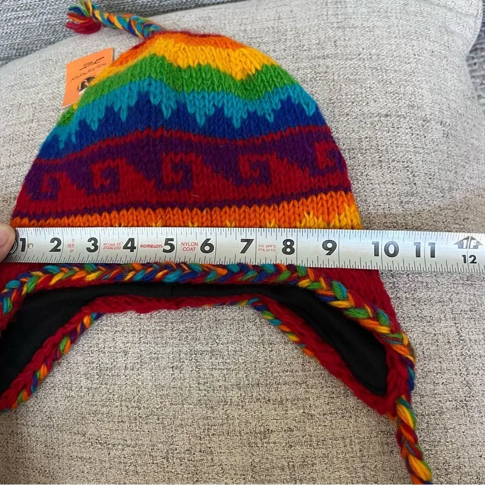 Wool Rainbow Nepal Hand Knit Ear Flaps Beanie